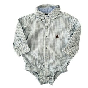 Baby Gap One Piece Plaid Bear Shirt 6-12 M Boy Blue Long Sleeve Button Down